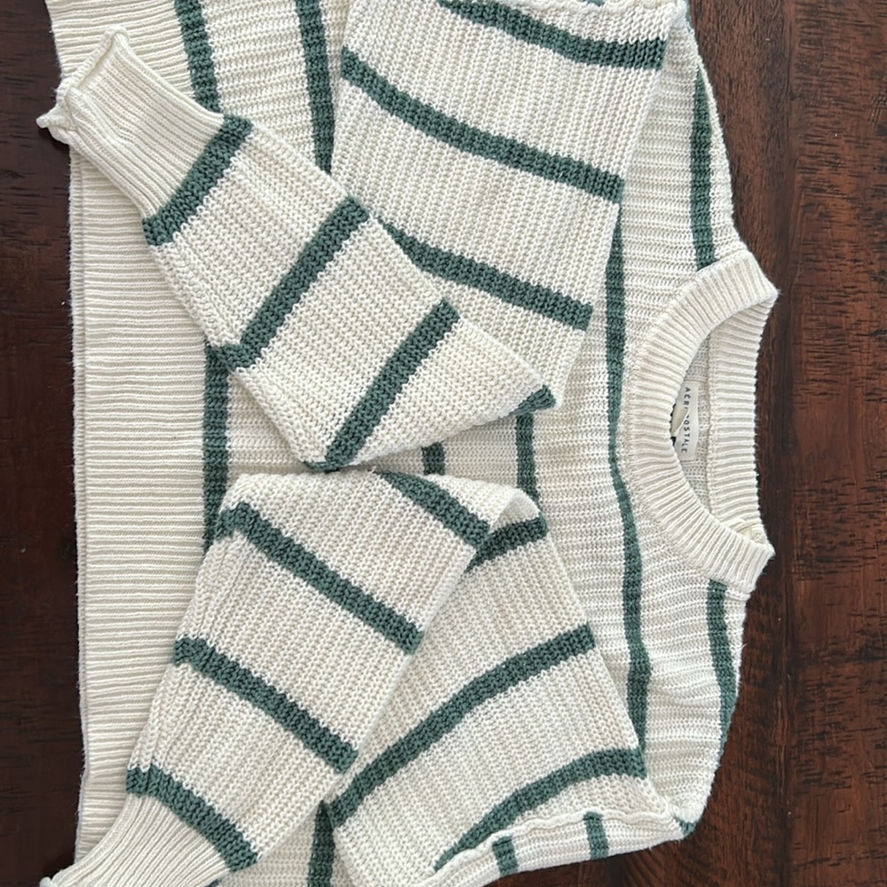 Aeropostale Cropped Striped Knit Sweater - Cream and Green